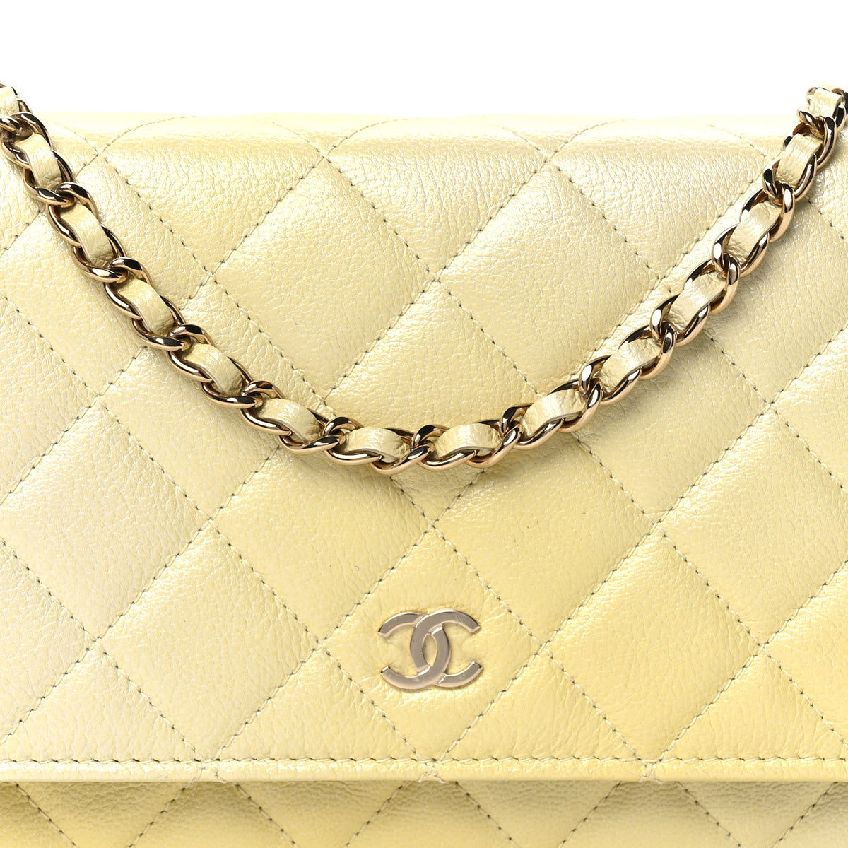 Iridescent Goatskin Quilted Wallet on Chain WOC Light Yellow
