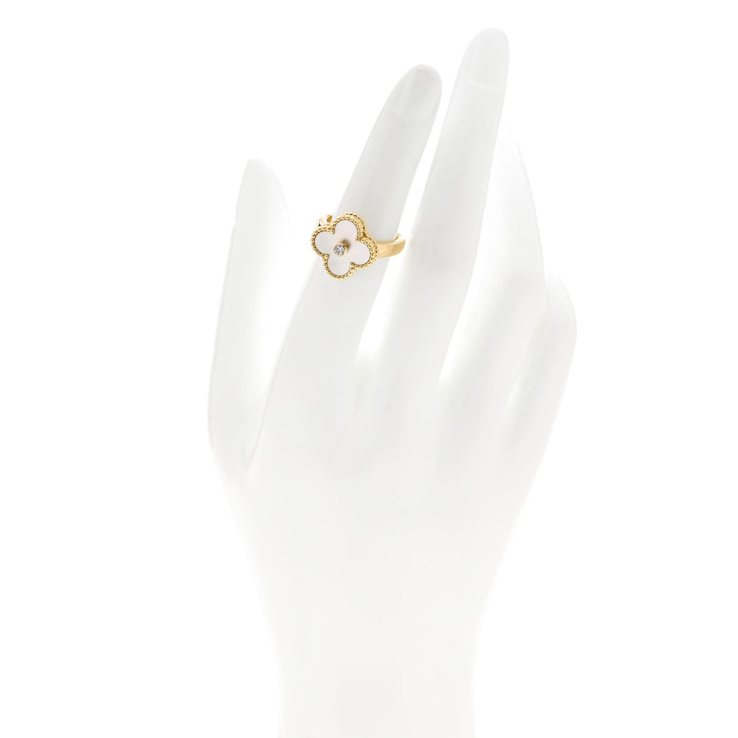 18K Yellow Gold Diamond Mother of Pearl Vintage Alhambra Ring 50 5.25