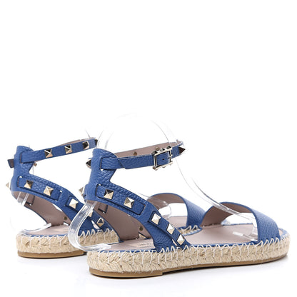 Valentino Garavani Grained Calfskin Rockstud Ankle Strap Espadrille Flat Sandals 39 Baltique 4 of 8