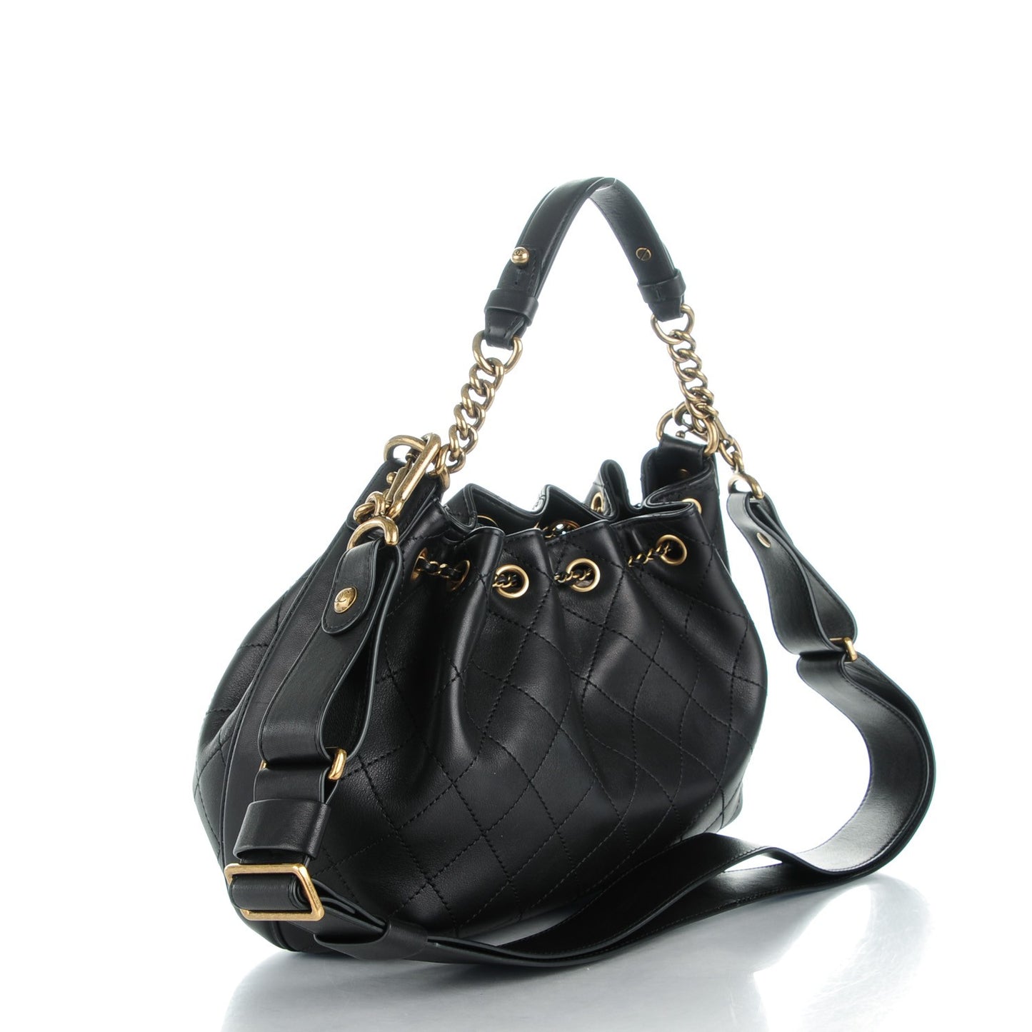 Calfskin Stitched Medium Drawstring CC Bag Black