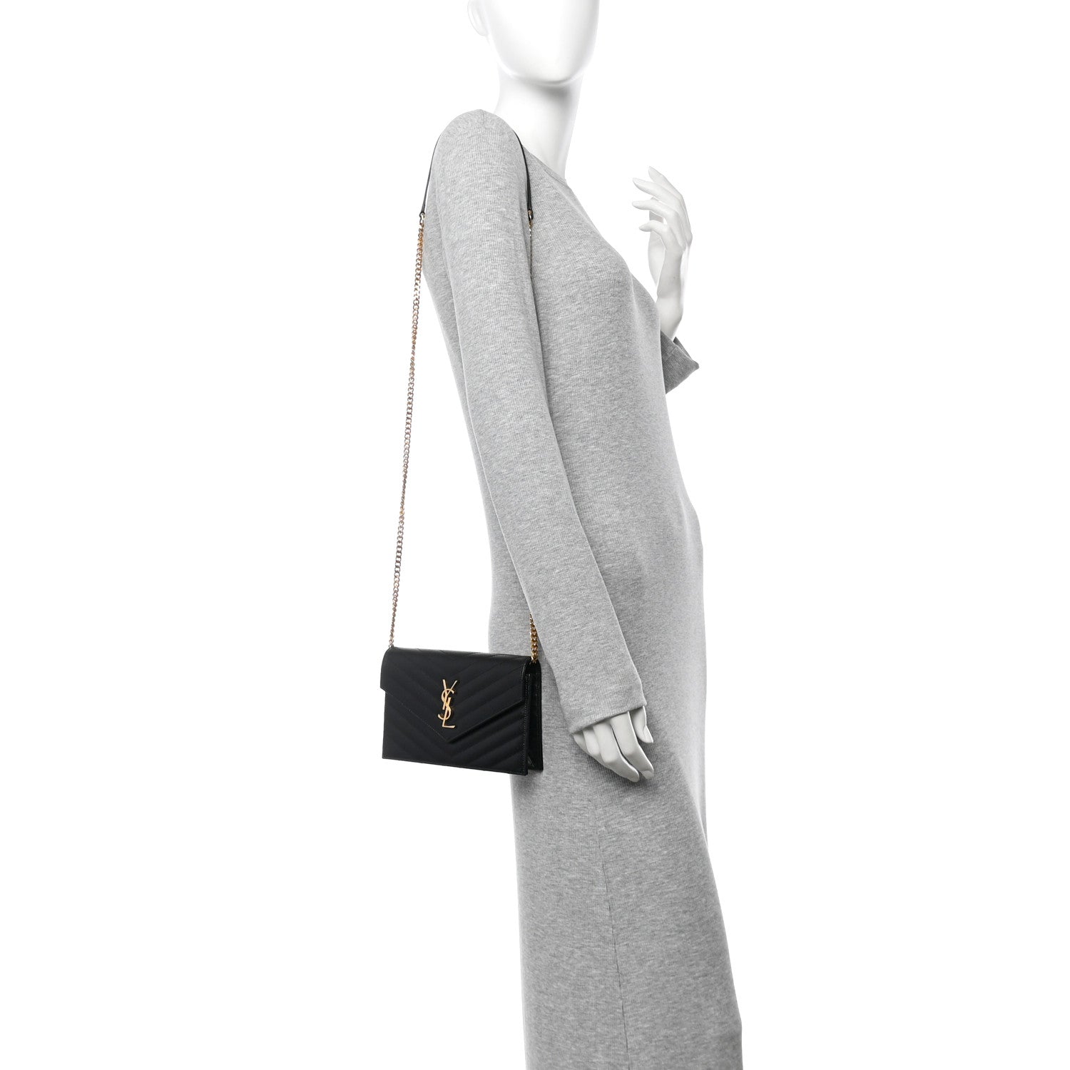 Saint Laurent Grain De Poudre Matelasse Chevron Monogram Envelope Chain Wallet Black 2 of 11