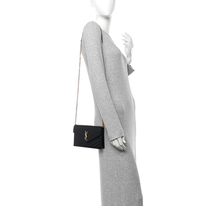 Saint Laurent Grain De Poudre Matelasse Chevron Monogram Envelope Chain Wallet Black 2 of 11