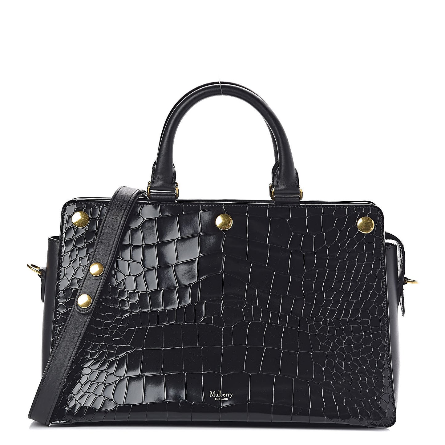 Calfskin Crocodile Embossed Small Classic Stud Tote Black