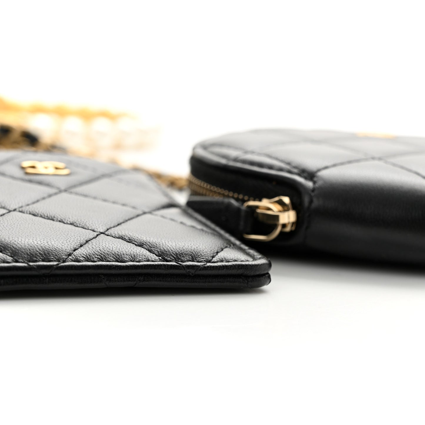 Pearl Lambskin Pearl Crown CC Wristlet Multi Pouches Black