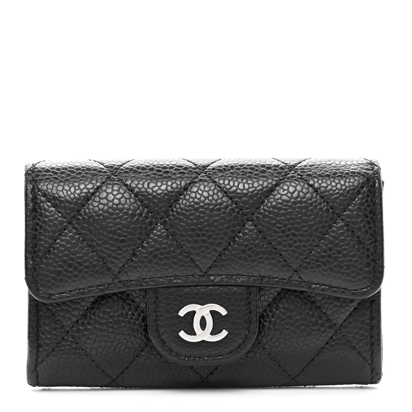 Caviar Quilted Flap Card Holder Wallet Black