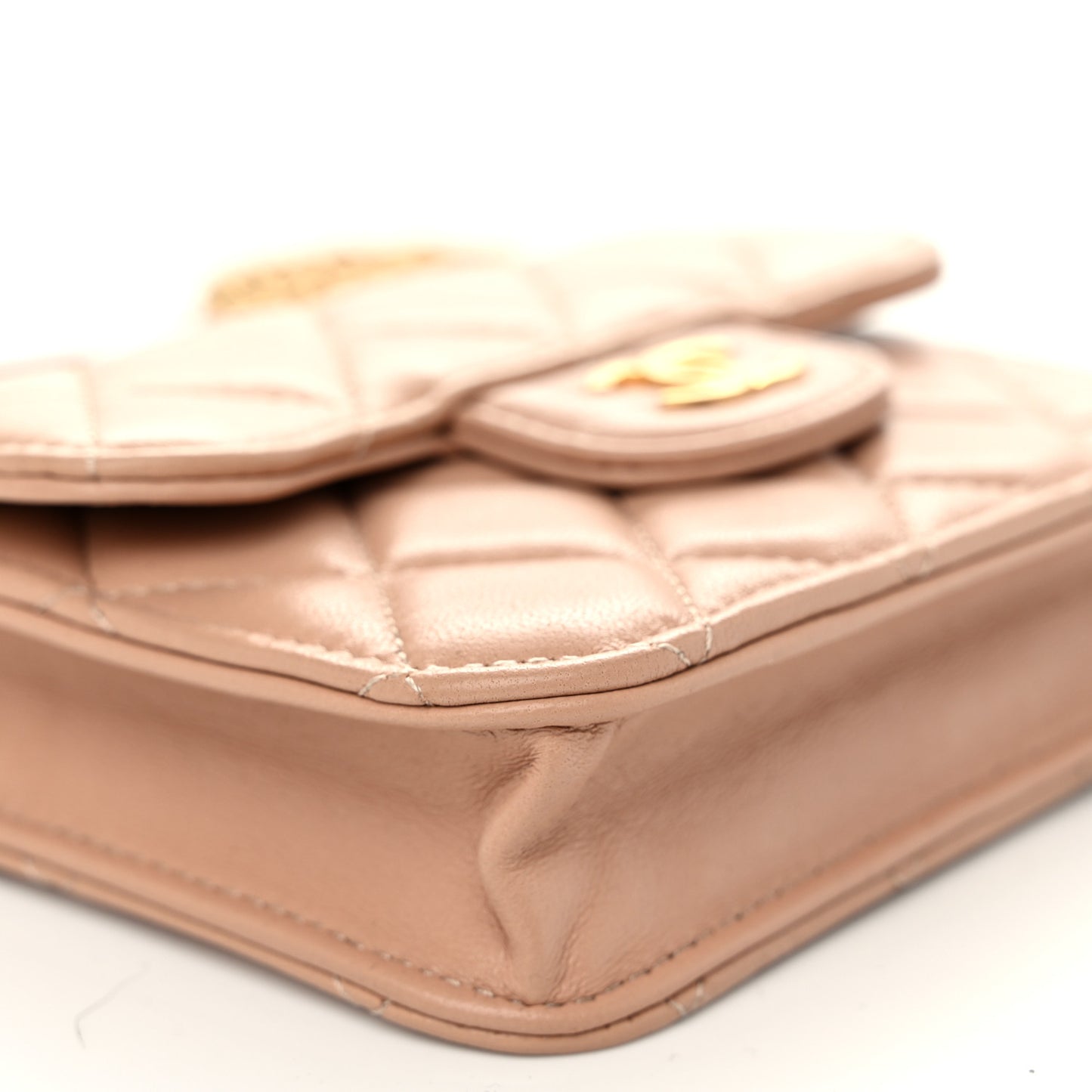 Lambskin Quilted Top Handle Flap Coin Purse With Chain Beige