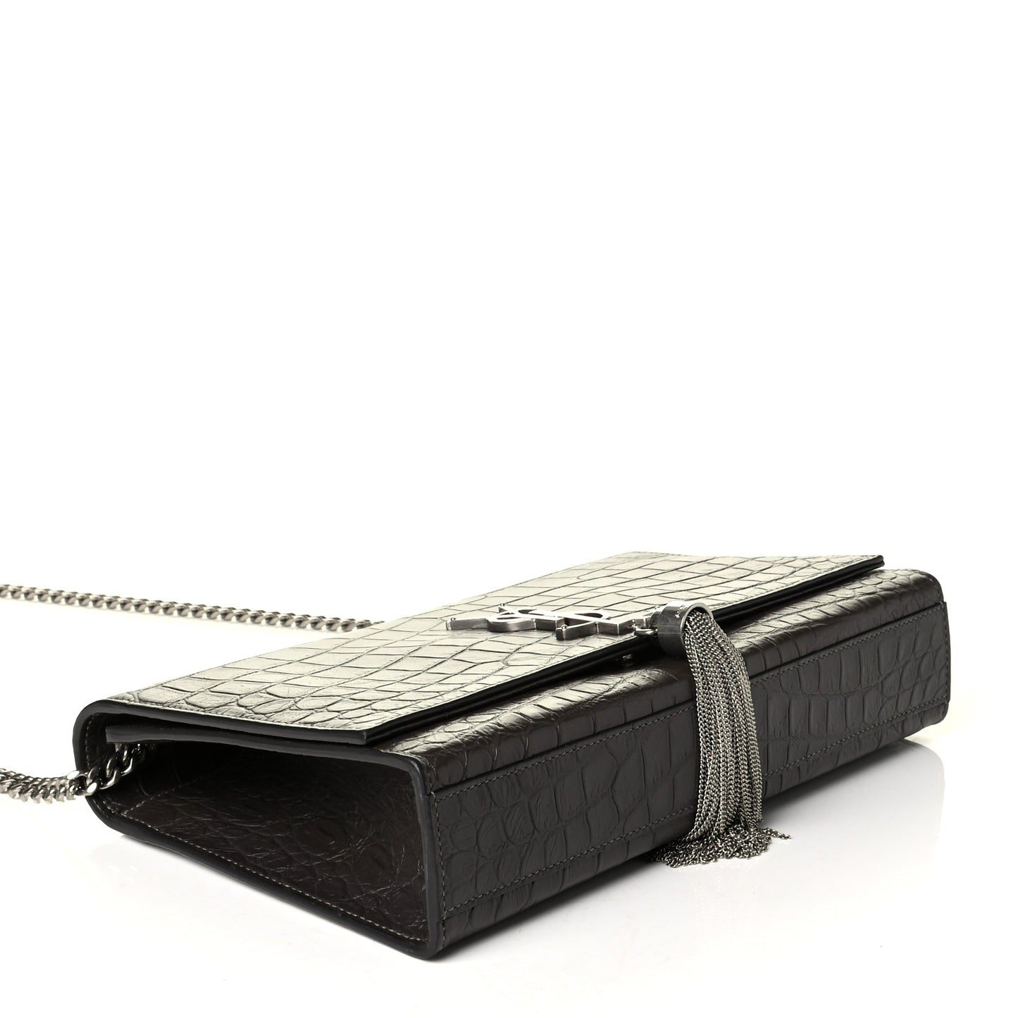 Calfskin Crocodile Embossed Medium Classic Monogram Kate Tassel Satchel Coal
