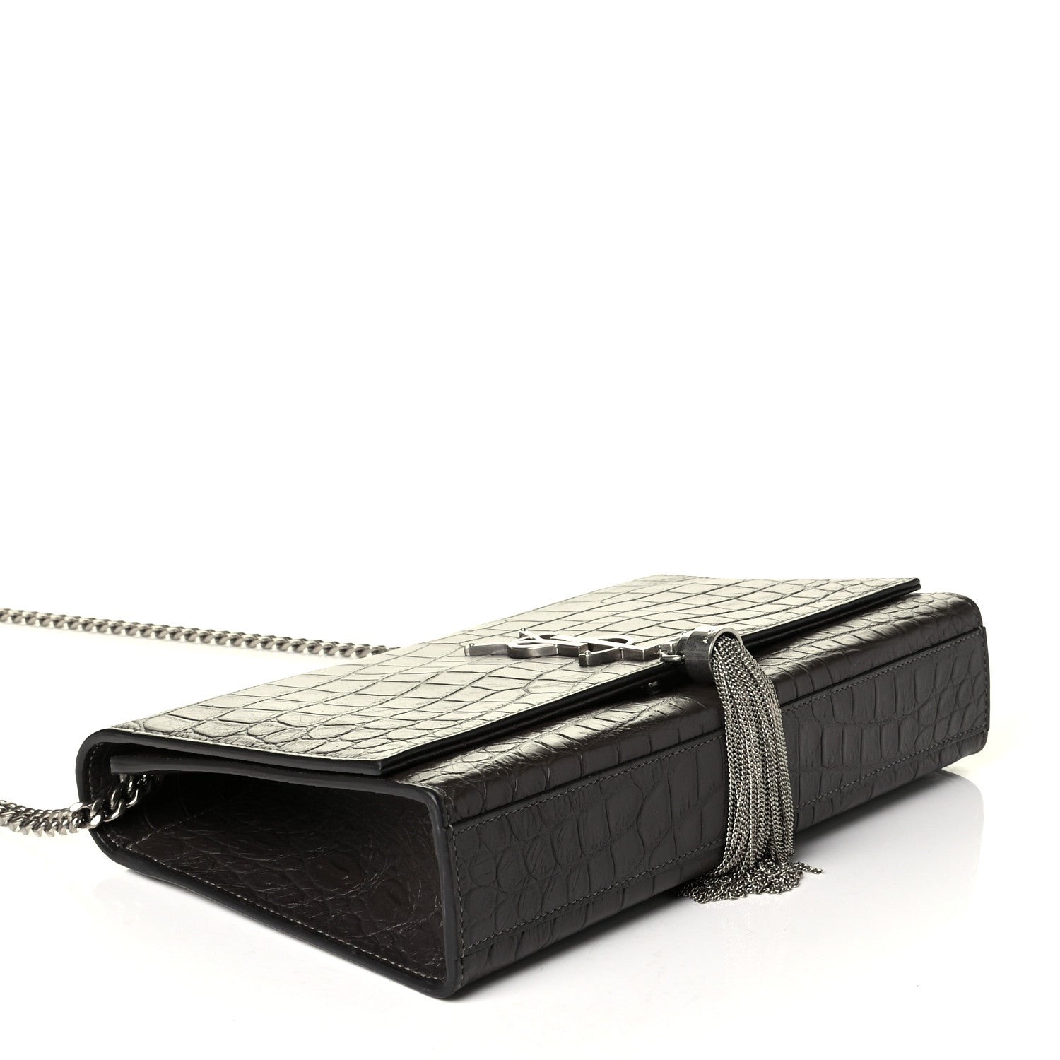 Saint Laurent Calfskin Crocodile Embossed Medium Classic Monogram Kate Tassel Satchel Coal 3 of 6