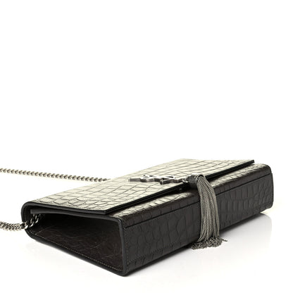 Saint Laurent Calfskin Crocodile Embossed Medium Classic Monogram Kate Tassel Satchel Coal 3 of 6