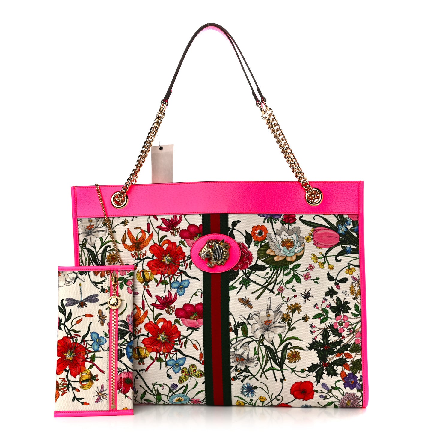 Canvas Flora Large Rajah Chain Tote White Multicolor Fuxia Fluo