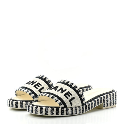 Chanel Tweed Embroidered CC Mule Sandal 38.5 Navy White 3 of 6