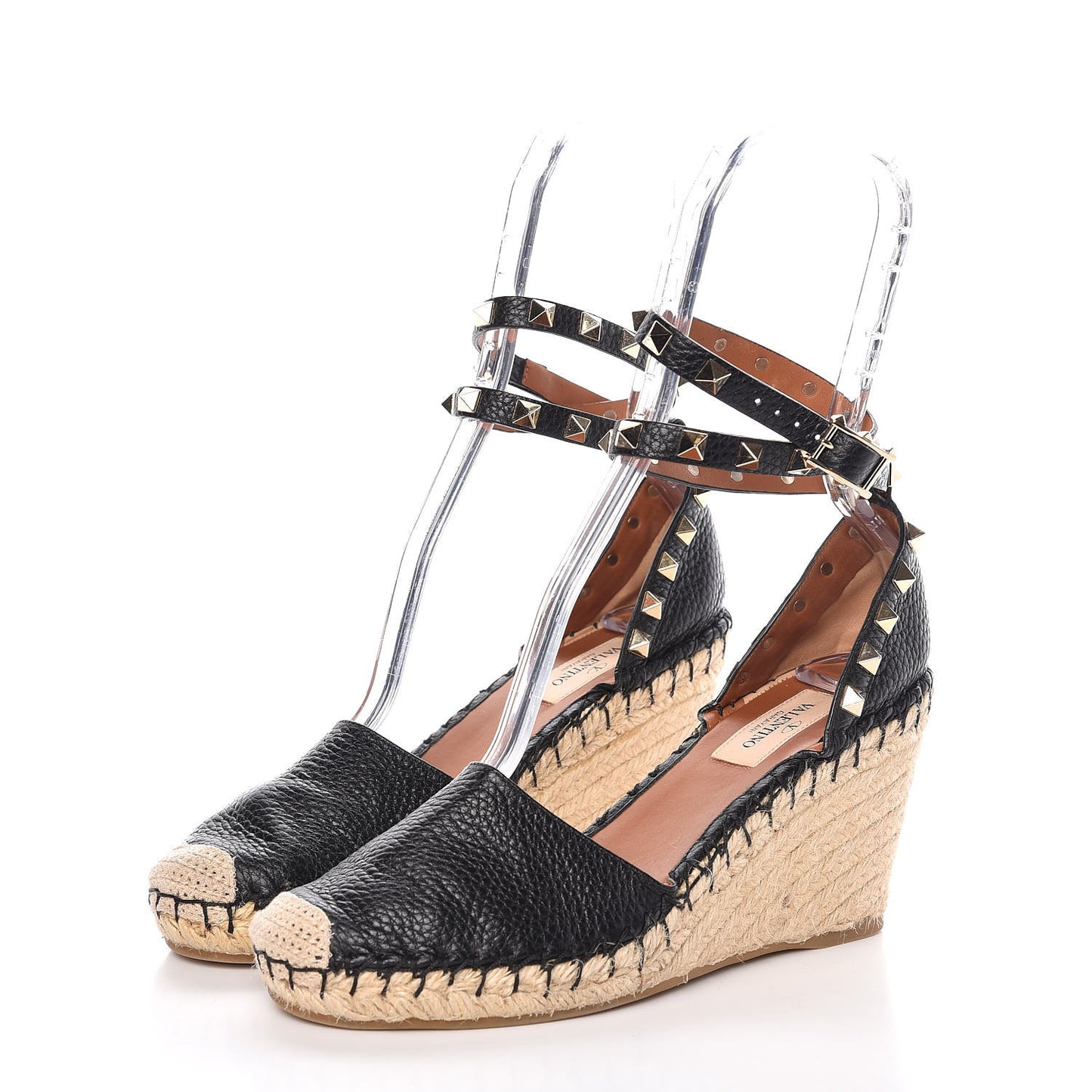 Grained Calfskin Rockstud Ankle Wrap Espadrille 15/85mm Wedges 36 Black Light Cuir