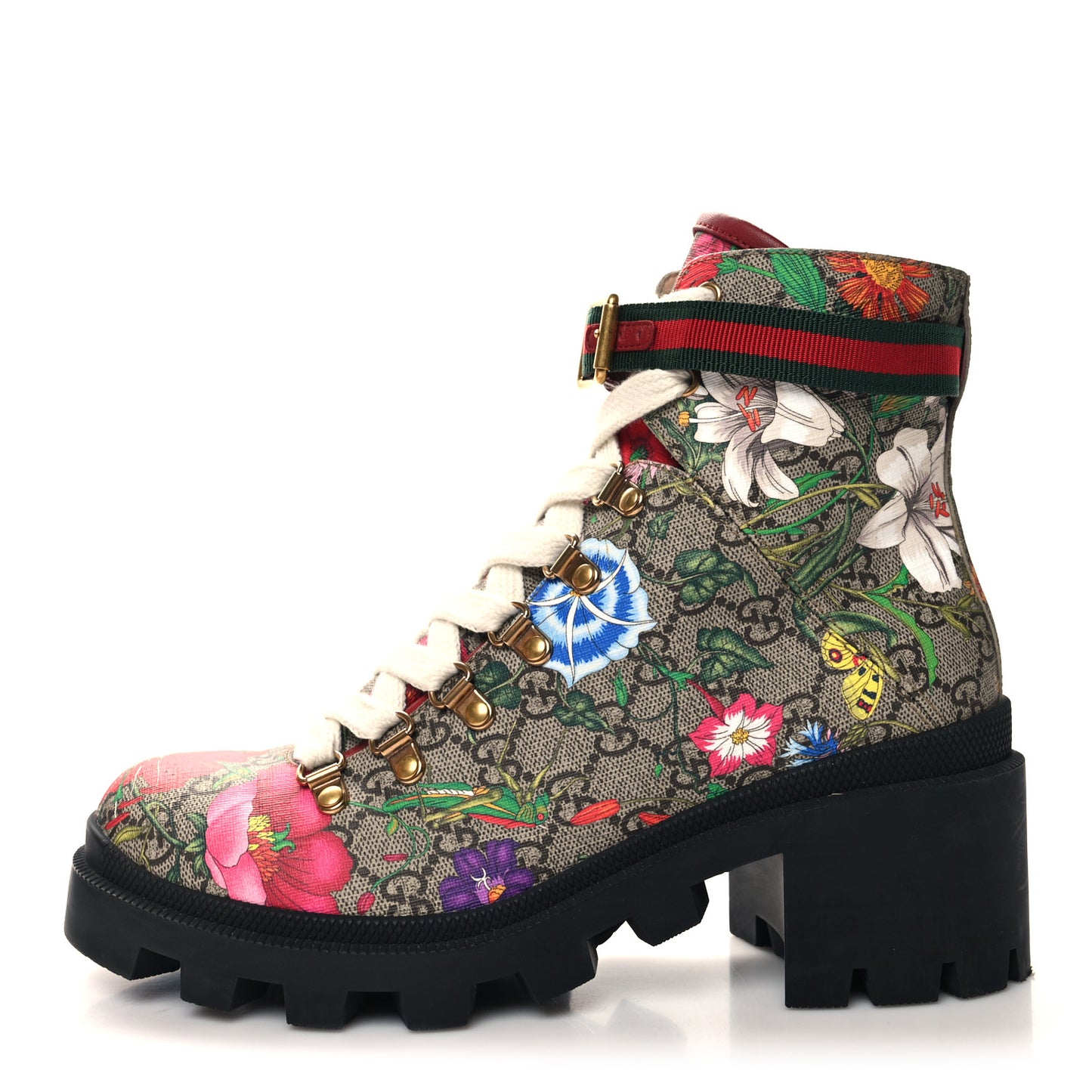 GG Supreme Monogram Flora Lace Up Combat Ankle Boots 39 Beige Multicolor Red