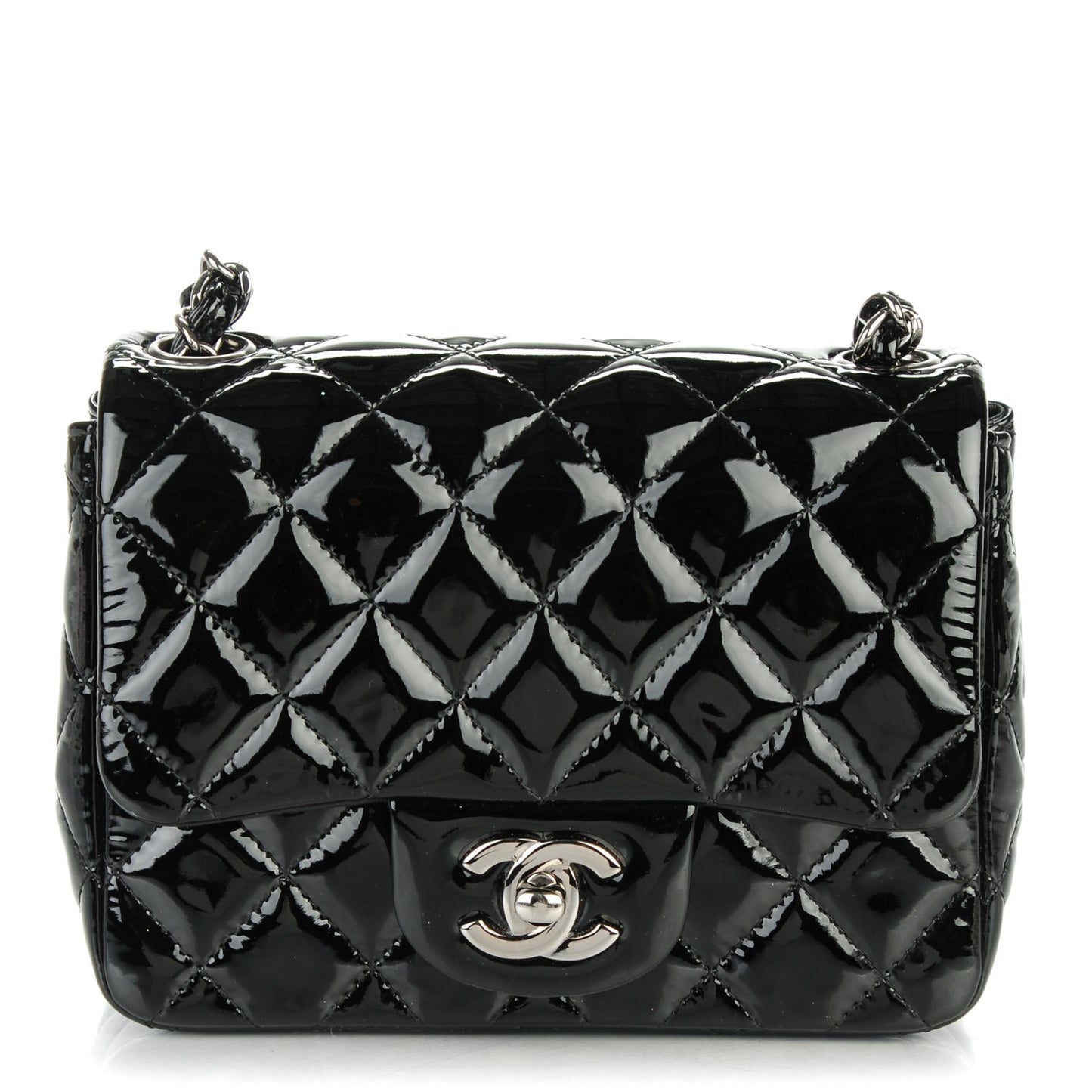 Patent Calfskin Quilted Mini Square Flap Black