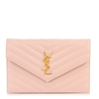 Saint Laurent Grain De Poudre Matelasse Chevron Monogram Envelope Chain Wallet Pale Pink 1 of 7