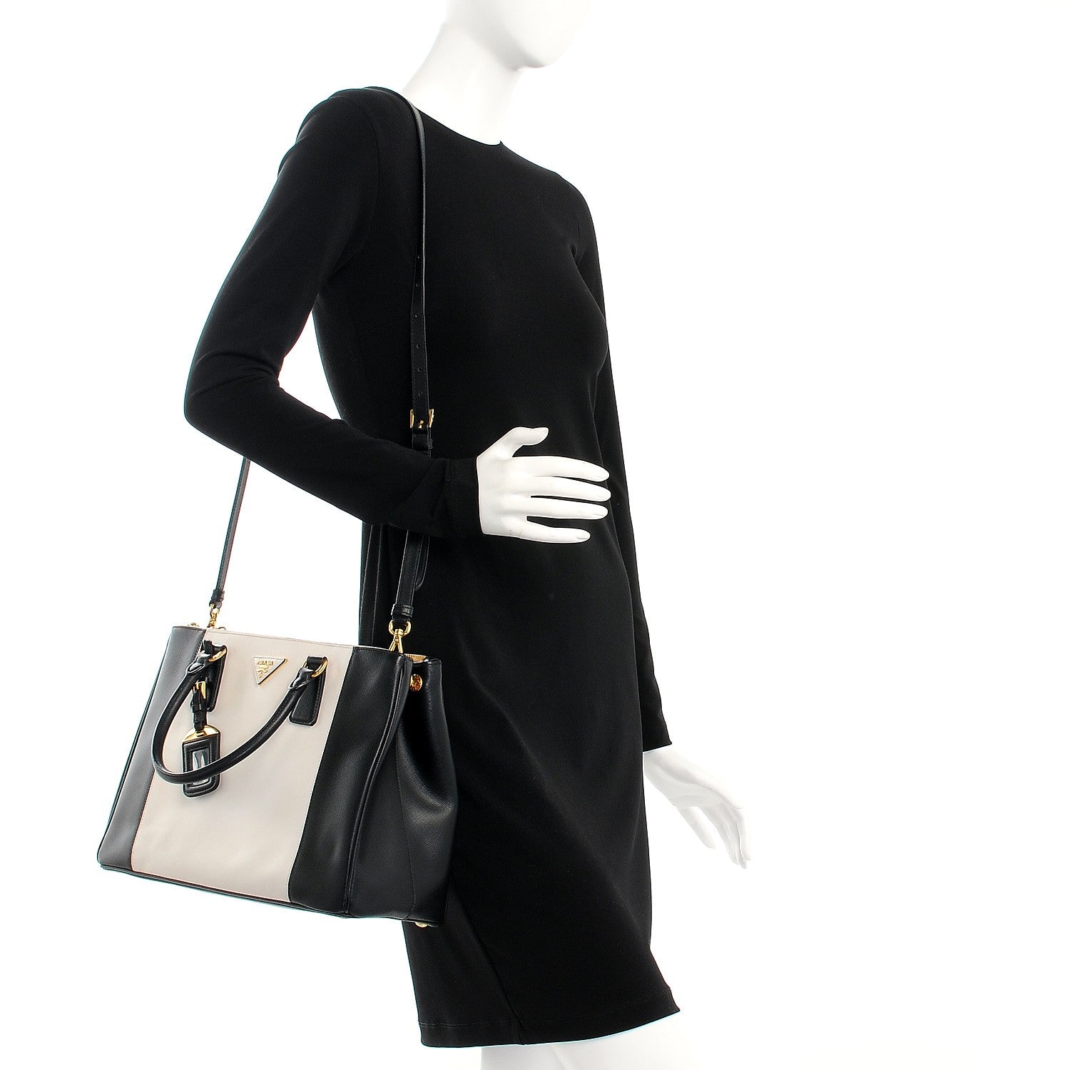 Prada Saffiano Lux Colorblock Medium Galleria Double Zip Tote Black Talco 2 of 11