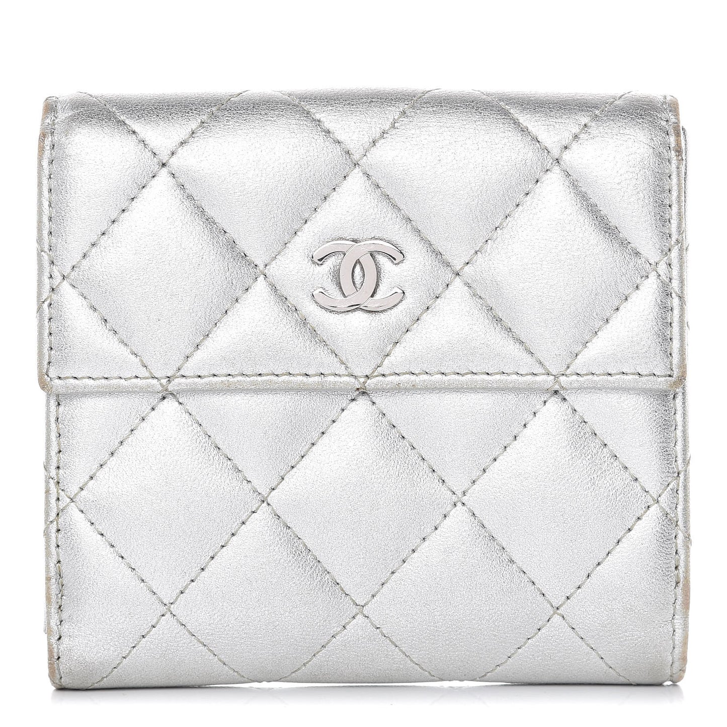 Metallic Lambskin Quilted Compact French Flap Wallet Silver