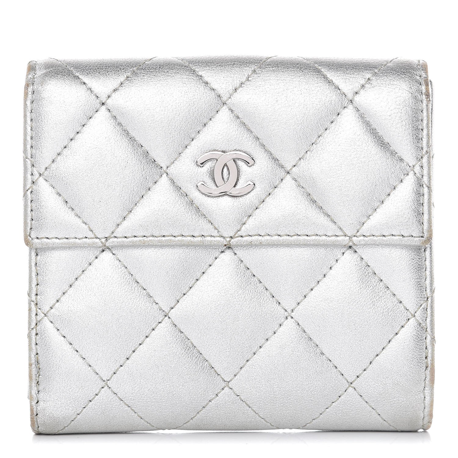 Chanel Metallic Lambskin Quilted Compact French Flap Wallet Silver 1 of 15