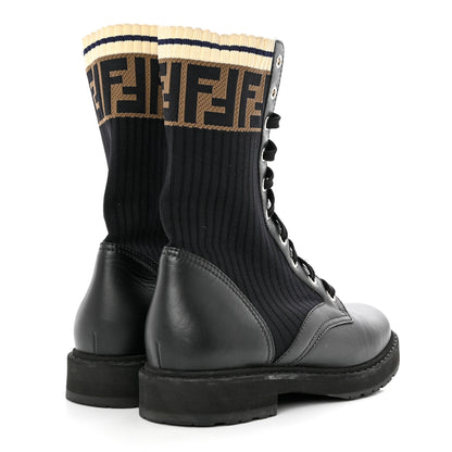 Fendi Calfskin Stretch Fabric Rockoko Biker Boots 38 Tobacco Black Marino 4 of 8