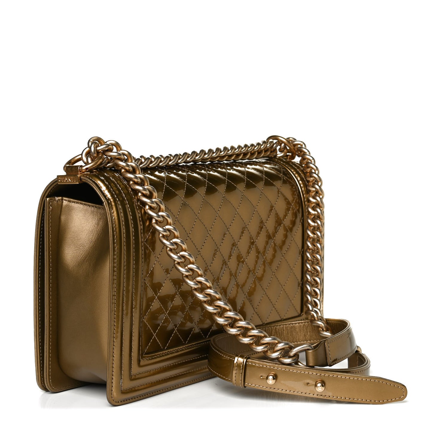 Metallic Patent Calfskin Quilted New Medium Boy Flap Gold