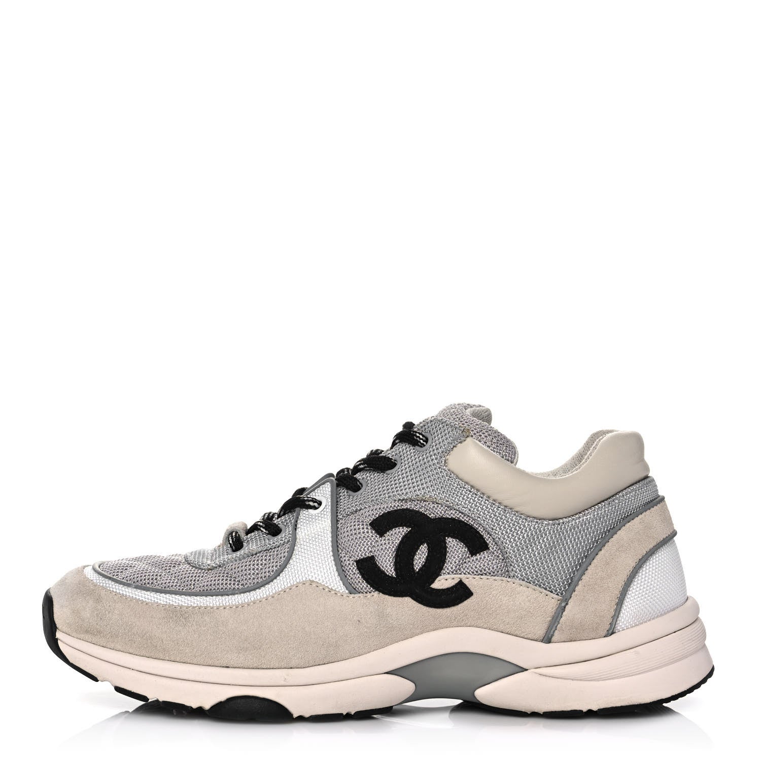Chanel Nylon Calfskin Suede Womens CC Sneakers 41 Grey White Pink 1 of 9