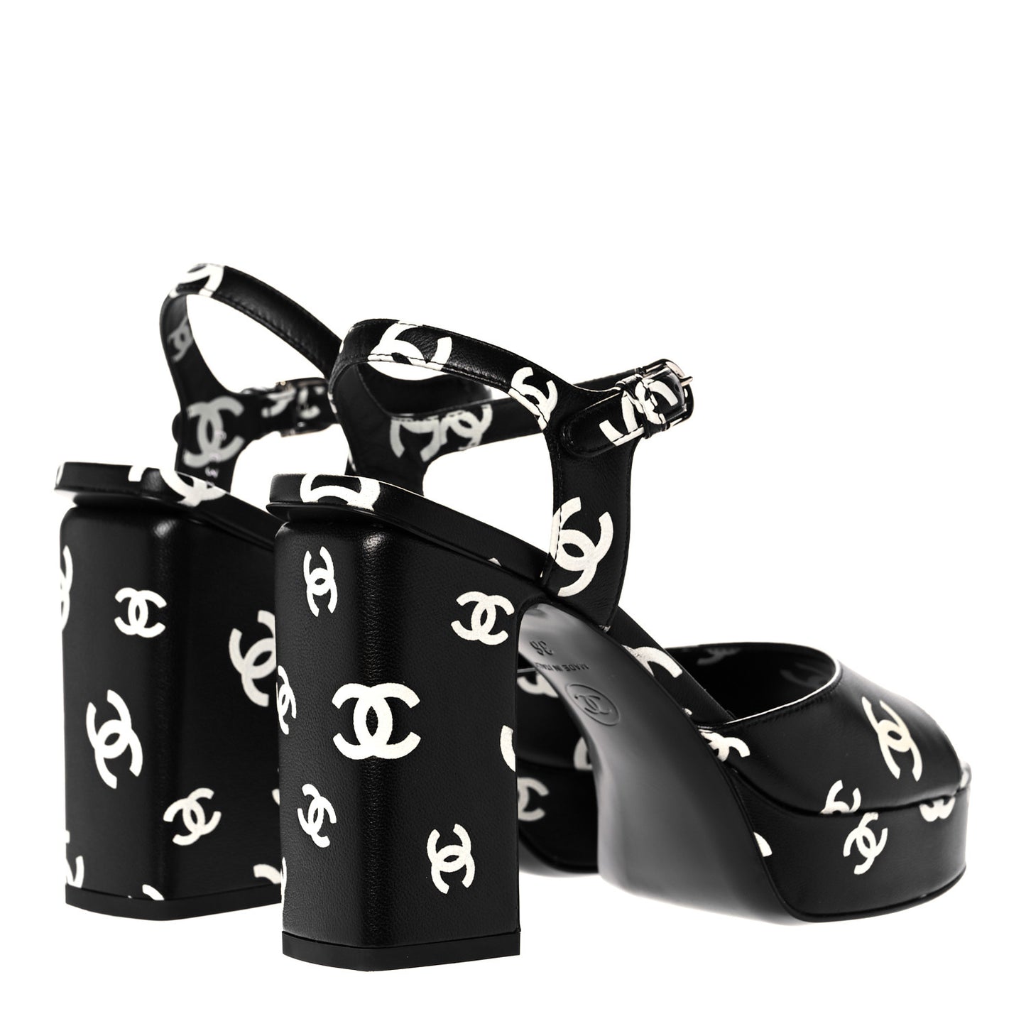 Printed Lambskin CC Platform Sandals 36 Black White