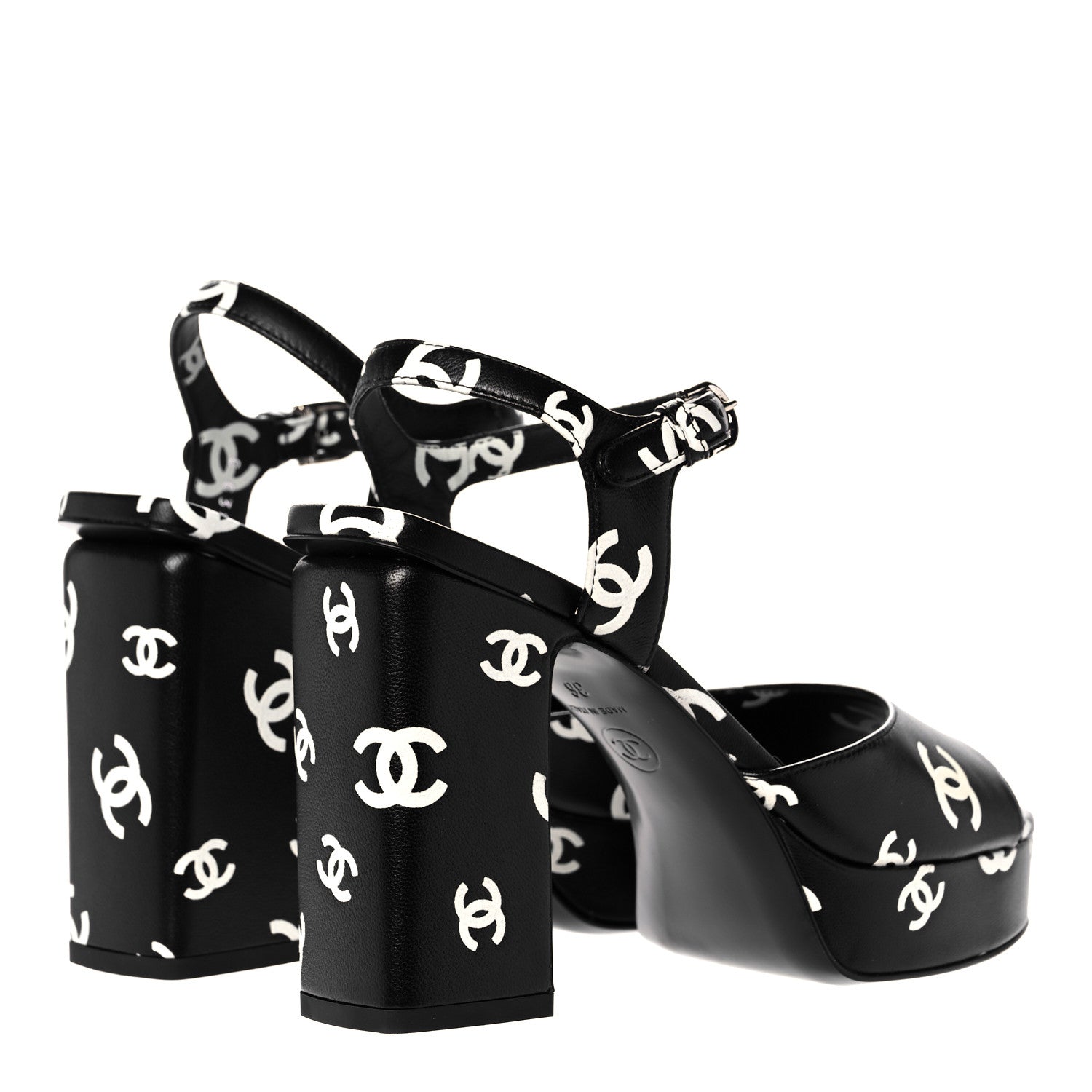 Chanel Printed Lambskin CC Platform Sandals 36 Black White 4 of 9