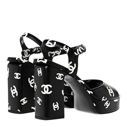 Chanel Printed Lambskin CC Platform Sandals 36 Black White 4 of 9