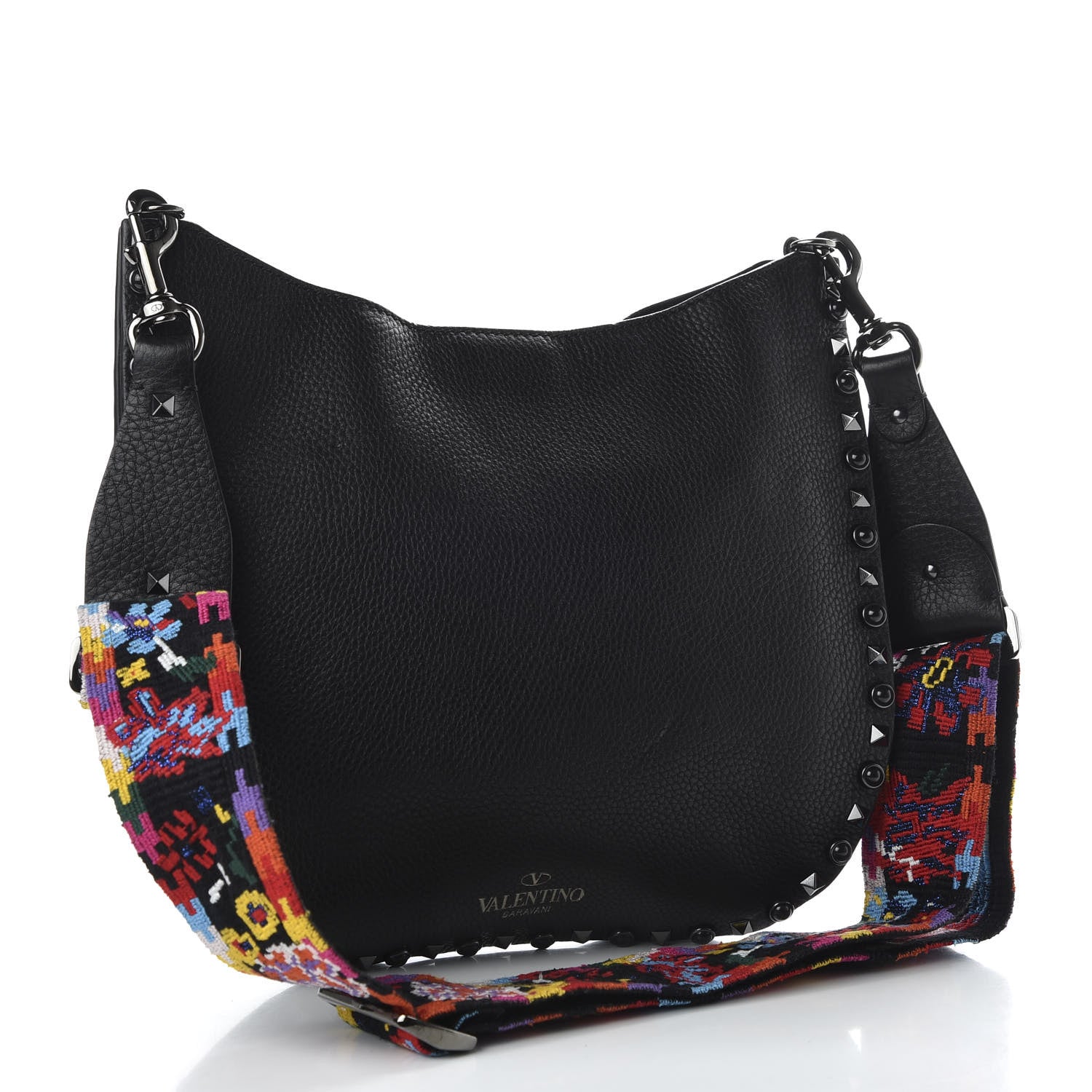 Valentino Garavani Calfskin Beaded Guitar Strap Rockstud Rolling Hobo Bag Black 3 of 9