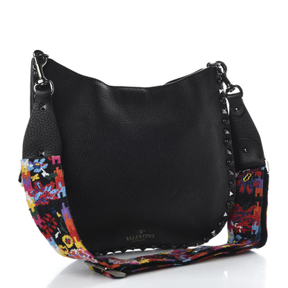 Valentino Garavani Calfskin Beaded Guitar Strap Rockstud Rolling Hobo Bag Black 3 of 9