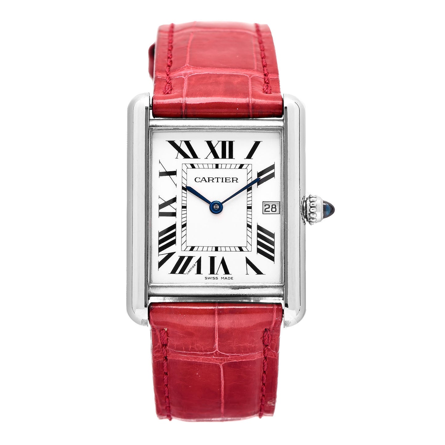 18K White Gold Alligator 26mm Tank Louis Quartz Watch Red