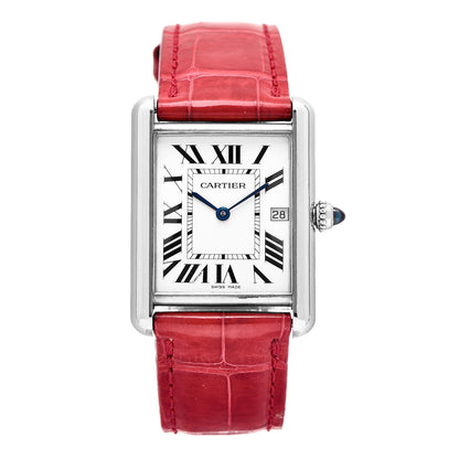 Cartier 18K White Gold Alligator 26mm Tank Louis Quartz Watch Red 1 of 10