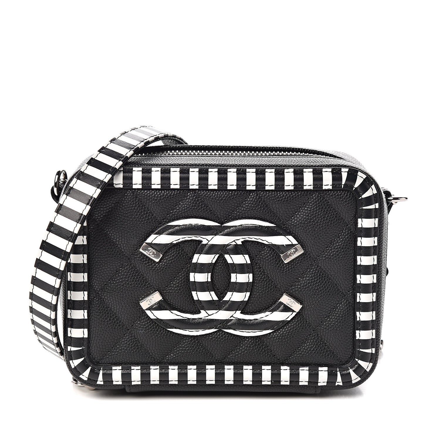 Caviar Quilted Striped Filigree Vanity Clutch With Chain Black White