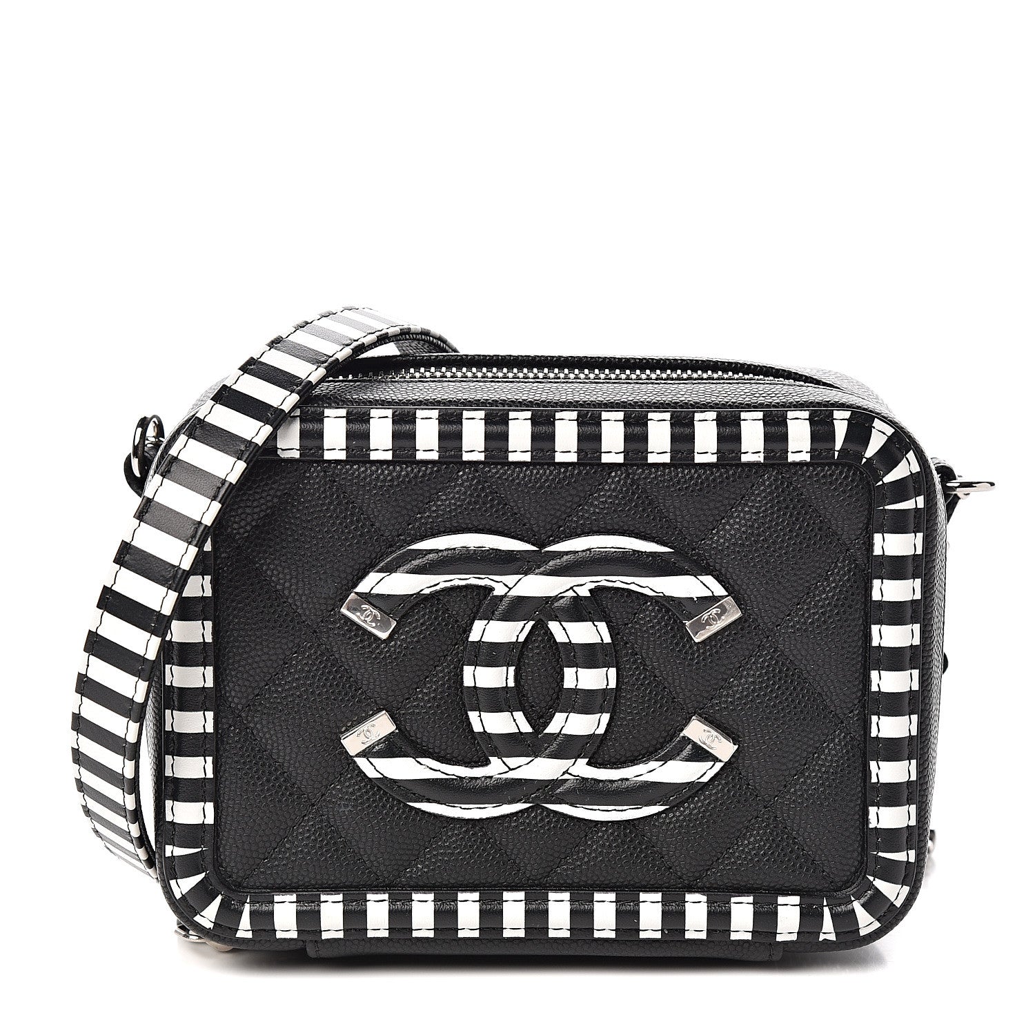 Chanel Caviar Quilted Striped Filigree Vanity Clutch With Chain Black White 1 of 9