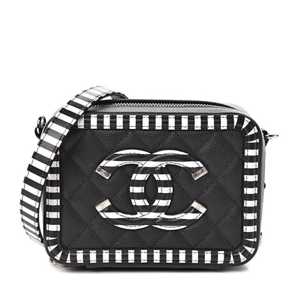 Chanel Caviar Quilted Striped Filigree Vanity Clutch With Chain Black White 1 of 9