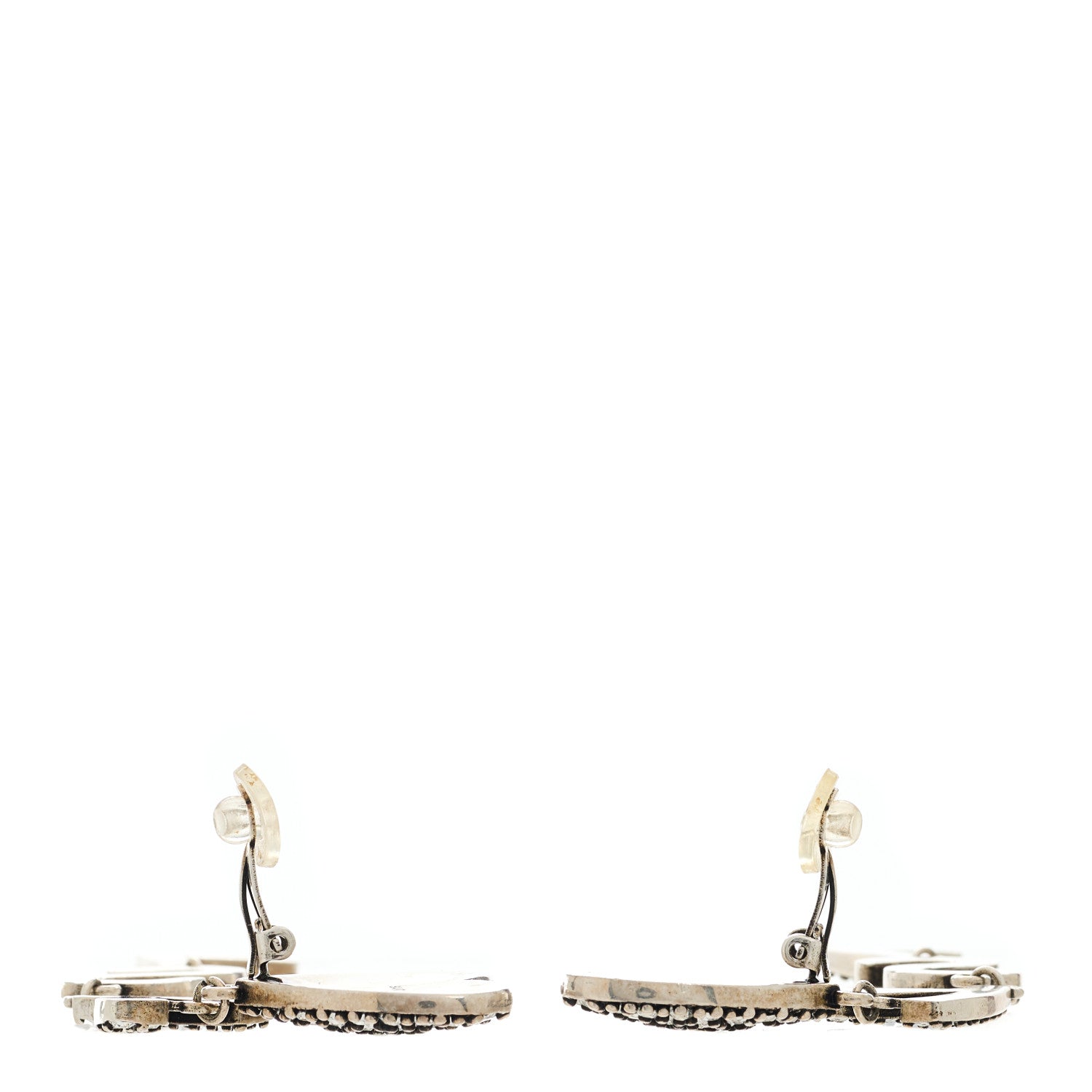 Saint Laurent Brass Crystal Monogram Heart Drop Clip Earrings Silver 3 of 4