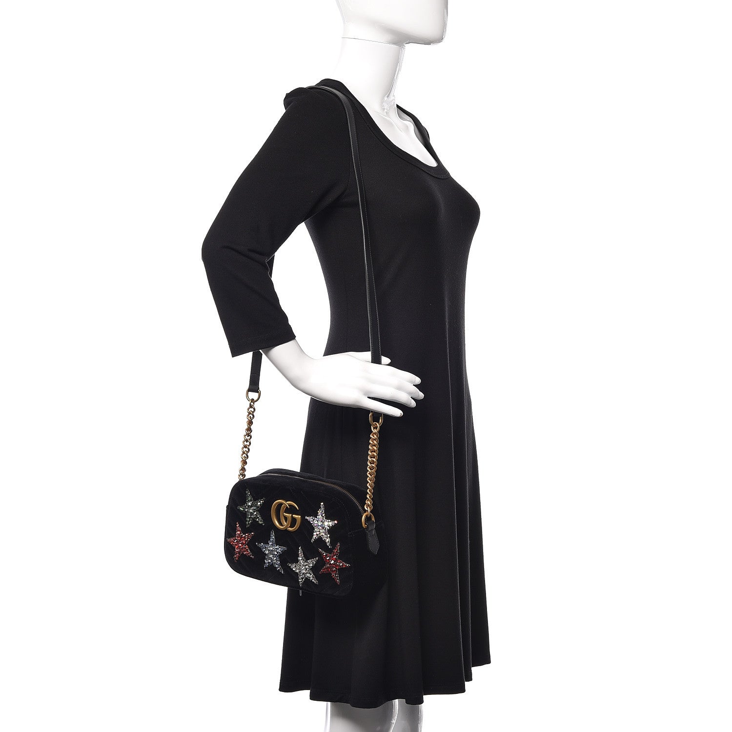 Gucci Velvet Matelasse Crystal Star Embroidered Small GG Marmont Chain Shoulder Bag Black 2 of 9