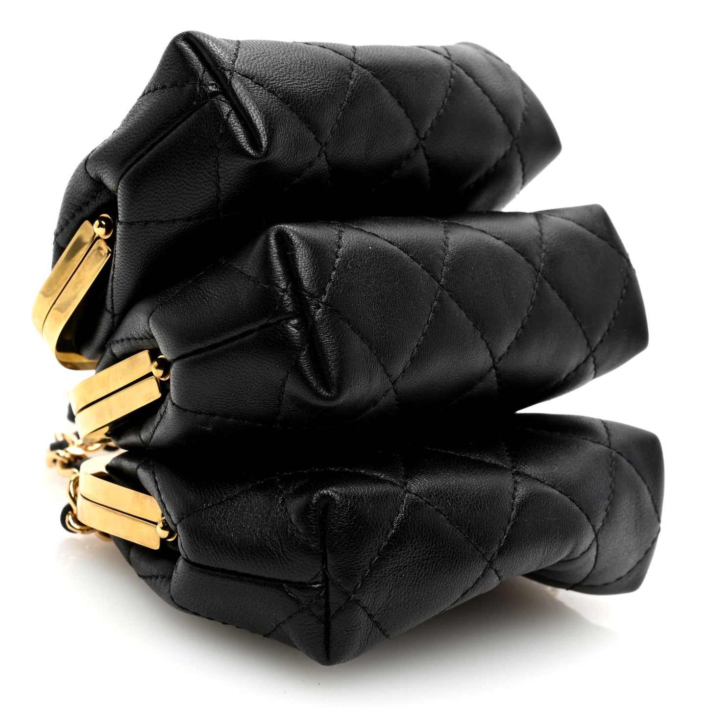 Lambskin Quilted Trio Kiss Lock Clutch With Chain Black
