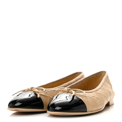 Chanel Lambskin Patent Double Stitched CC Cap Toe Ballerina Flats 37 Beige Black 4 of 10