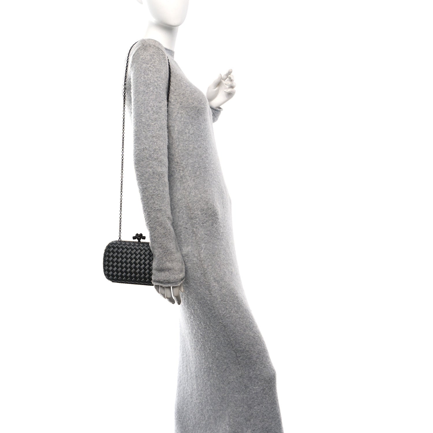 Bottega Veneta Satin Ayers Intrecciato Chain Knot Clutch Grey 2 of 9