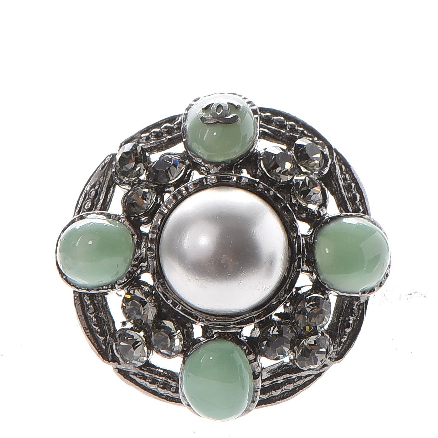 Gripoix Poured Glass Crystal Pearl Brooch Silver