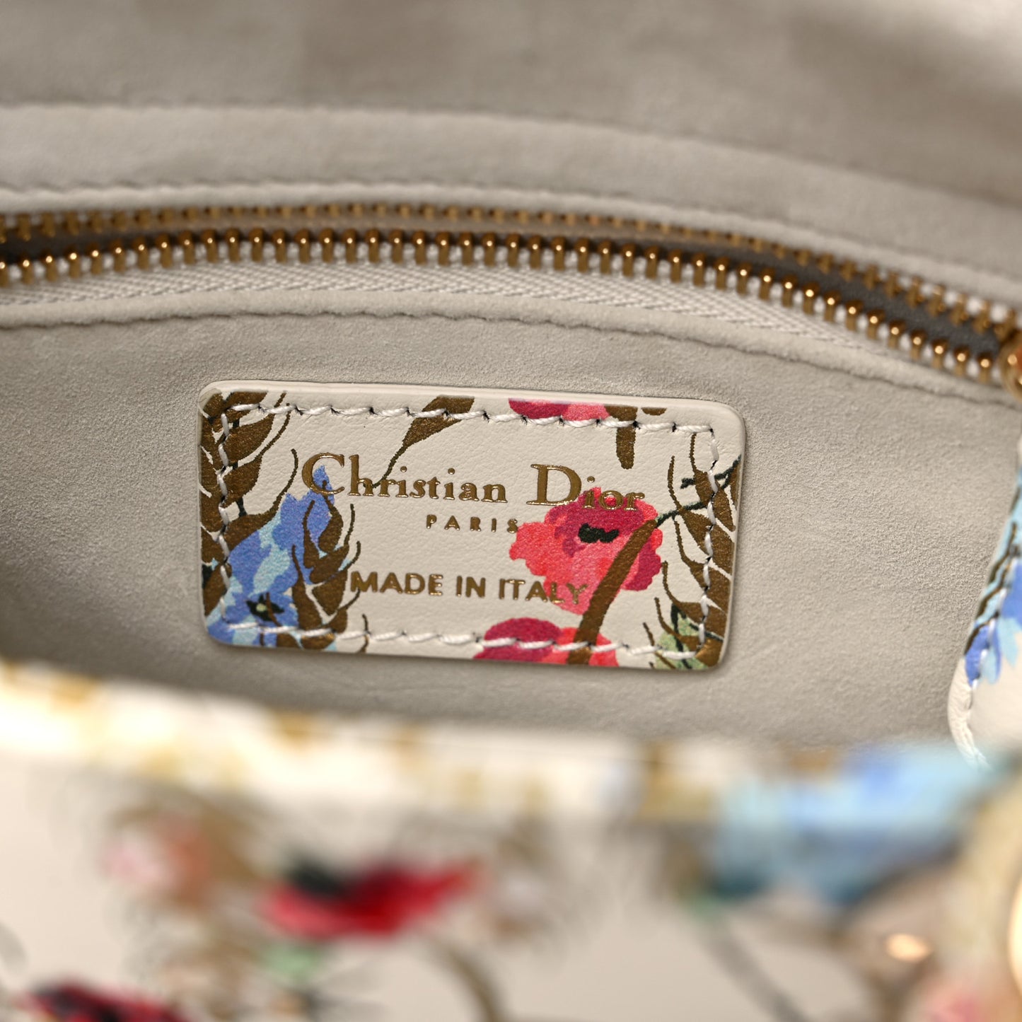 Calfskin Hibiscus Printed Embroidered Mini Lady Dior Beige Multicolor