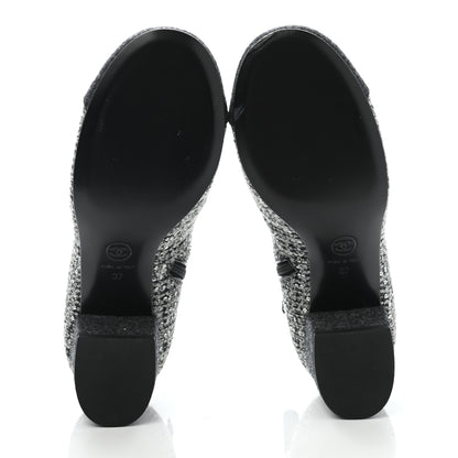 Chanel Tweed Pearl Cap Toe Short Boot 37 Ecru Black Grey 5 of 8