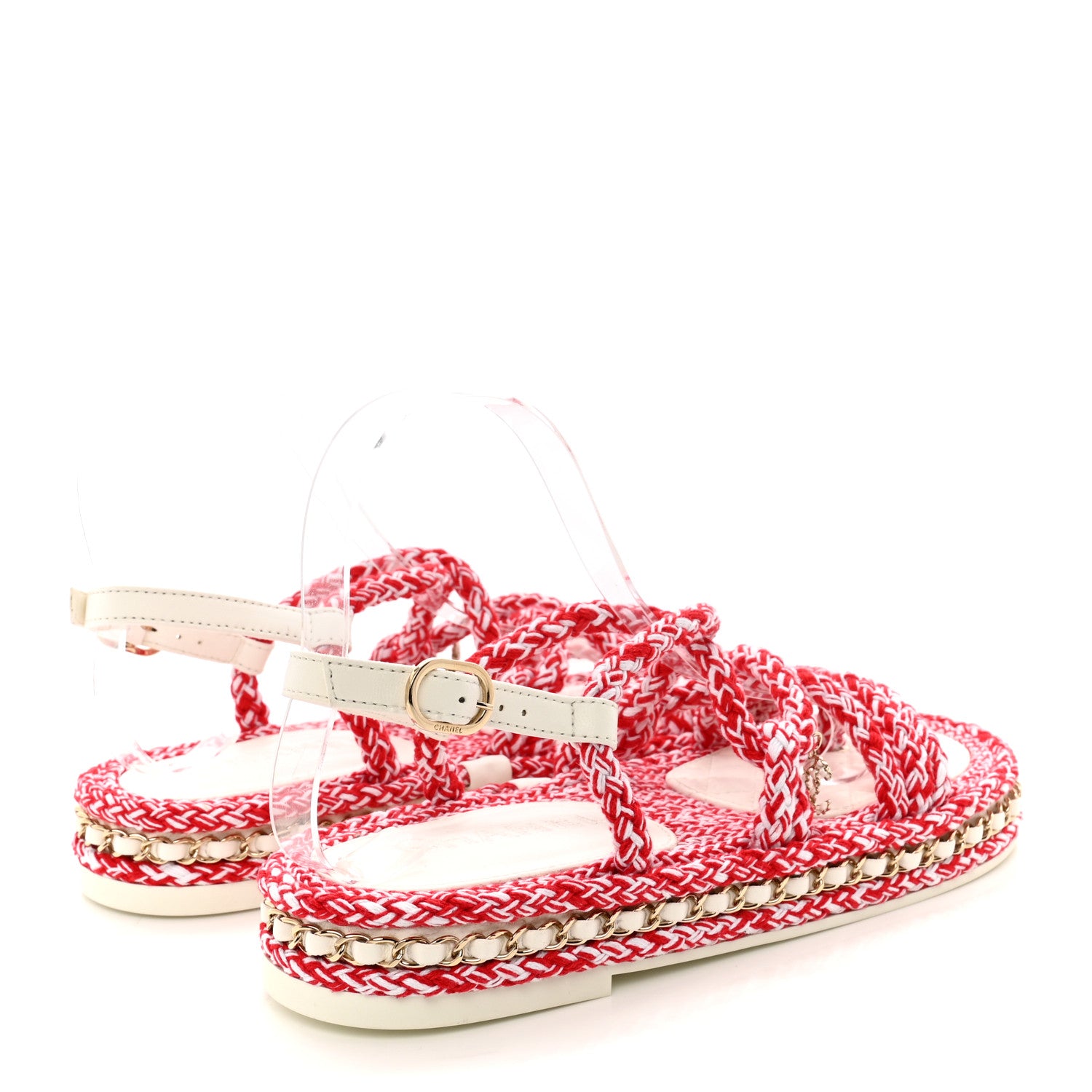 Chanel Lambskin Cord Chain CC Sandals 37 Red White 3 of 12