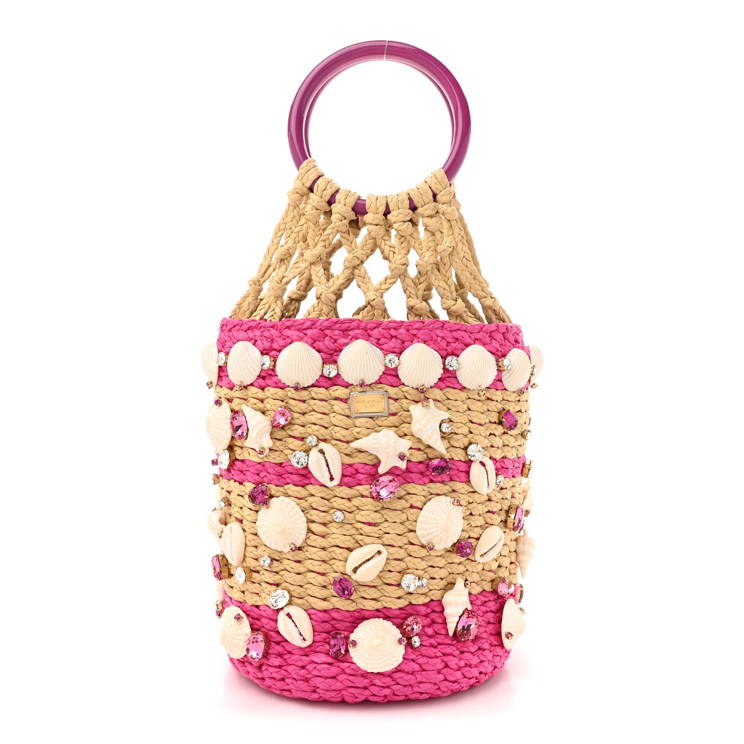 Dolce & Gabbana Raffia Crystal Seashell Bucket Bag Natural Pink 1 of 10