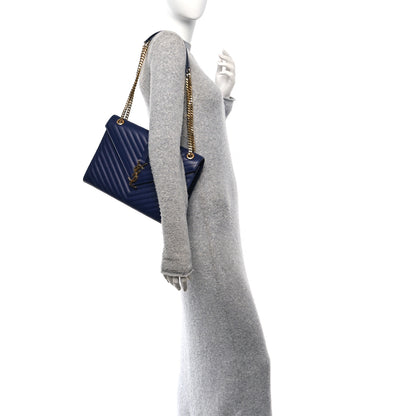 Saint Laurent Grain De Poudre Matelasse Chevron Large Monogram Satchel Navy Blue 2 of 10