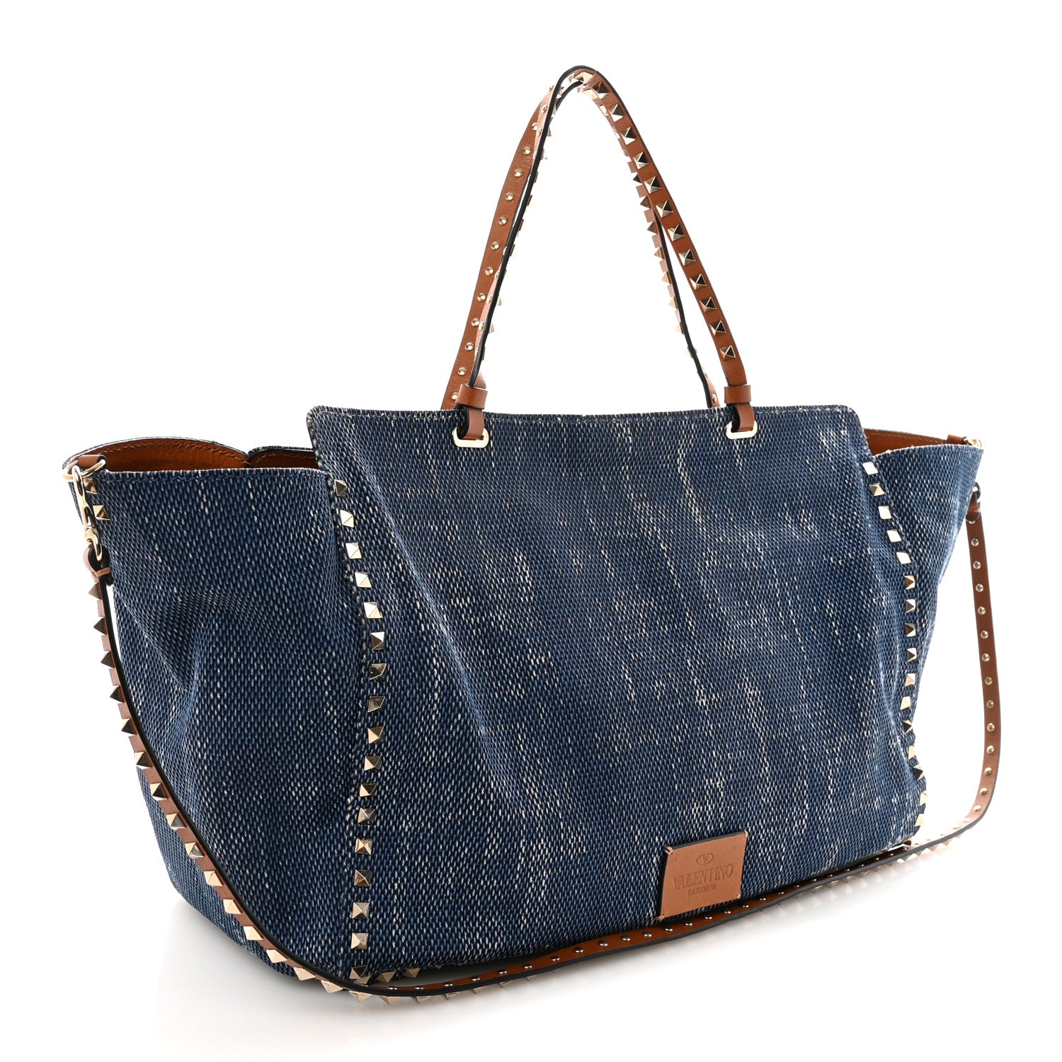 Valentino Garavani Denim Large Rockstud Tote Blue Brown 3 of 9