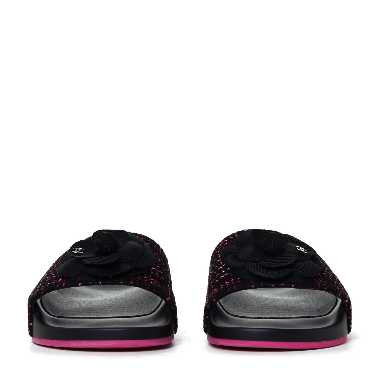 Tweed Grosgrain Camellia CC Flat Mules 40 Black Pink