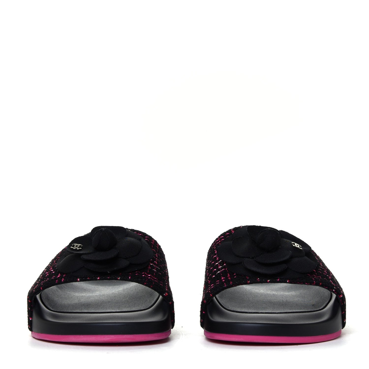 Chanel Tweed Grosgrain Camellia CC Flat Mules 40 Black Pink 7 of 12