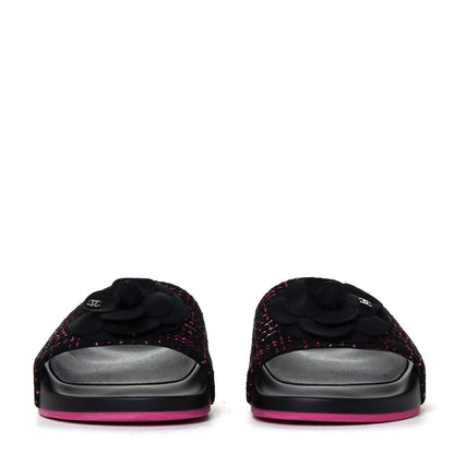 Chanel Tweed Grosgrain Camellia CC Flat Mules 40 Black Pink 7 of 12